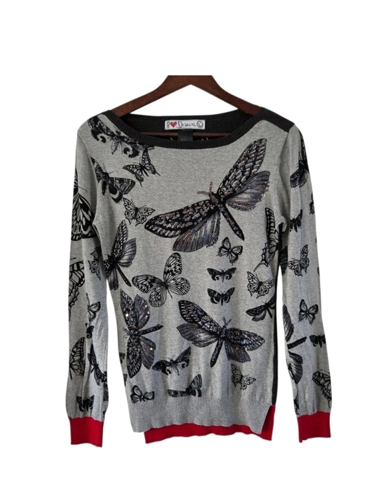 Desigual Sweaters - DESIGUAL Sequin Butterfly Sweater Gray Black Top Womens Size L
